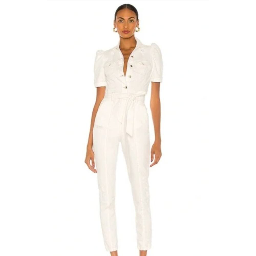 Retrofete Women's Denim Tori Jumpsuit Belted DistressedVintage White Small